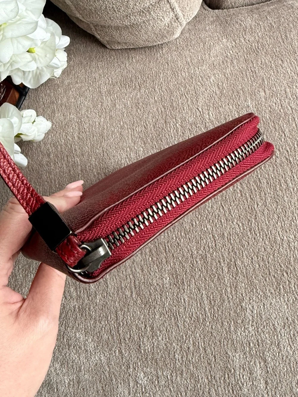 Burberry Red Textured Zip-Around Large Organizer Wallet Authentic